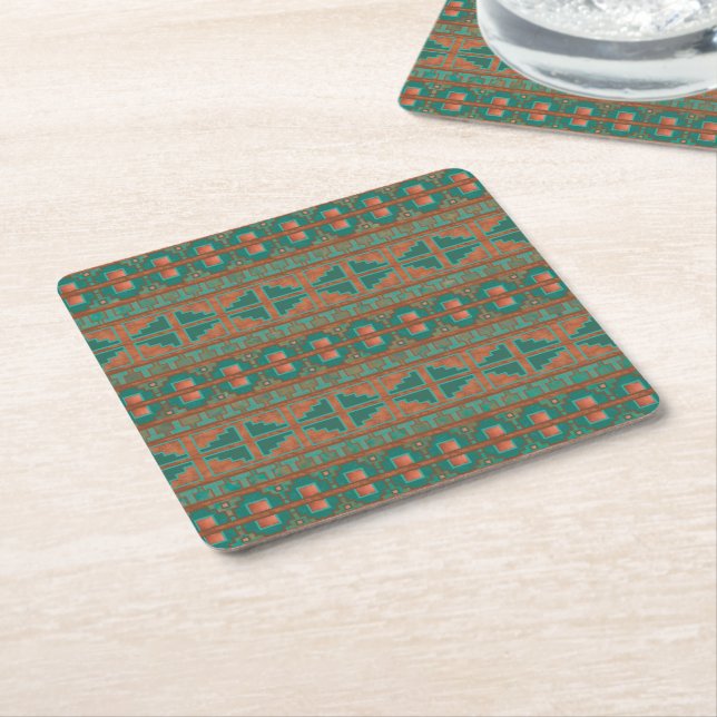 Sydvästra Teal Copper Färg Geometric Mönster Underlägg Papper Kvadrat (Vinklad)