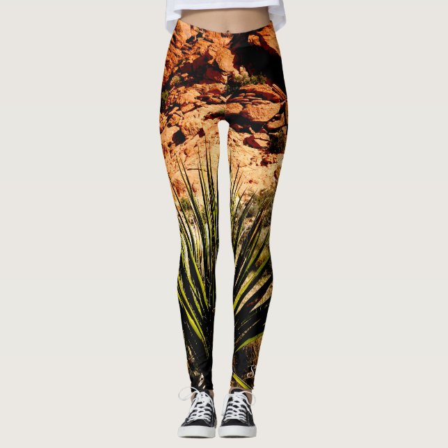 Sydvästra Yucca Löv Namn Grönt Brown Western Leggings (Framsida)