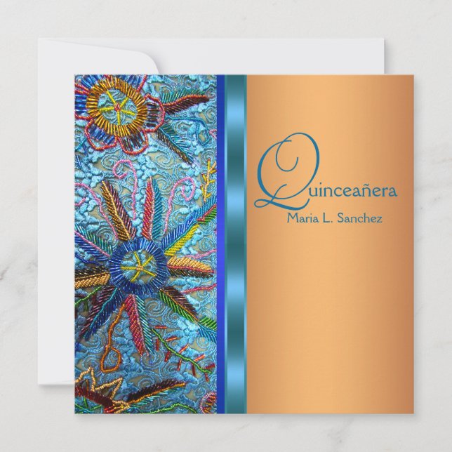 Sydvästturkos Blue Orange Quinceanera Inbjudningar (Framsida)