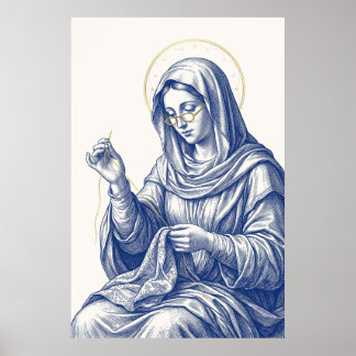 Syende Madonna med guld gloria och glasögon Poster