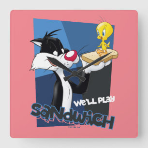 SYLVESTER™ & TWEETY™ "Vi spelar Sandwich" Fyrkantig Klocka