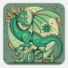 Symbol 2024 nyår, Grönt Wood Dragon Fyrkantigt Klistermärke