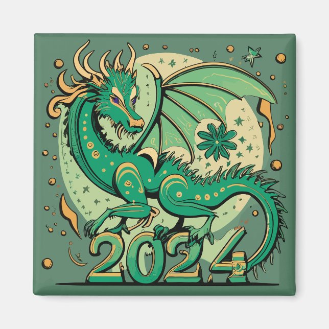 Symbol 2024 nyår, Grönt Wood Dragon Magnet (Framsidan)