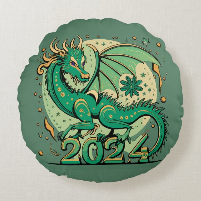 Symbol 2024 nyår, Grönt Wood Dragon Rund Kudde (Framsidan)
