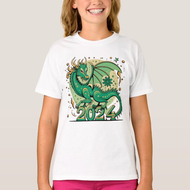 Symbol 2024 nyår, Grönt Wood Dragon T Shirt (Framsida)