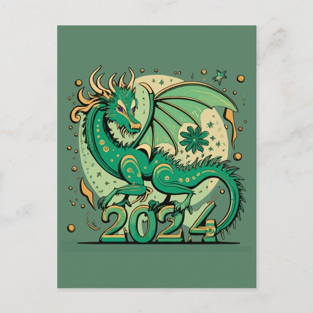 Symbol 2024 nyår, Grönt Wood Dragon Vykort (Framsida)