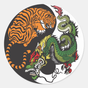 symbol för drake och tiger yin yang runt klistermärke