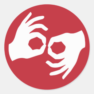 Symbol för teckenspråkstolkning runt klistermärke