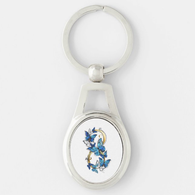 Symbol oändlighet av blå Morpho fjärilar Ovalt Silverfärgad Nyckelring (Framsidan)