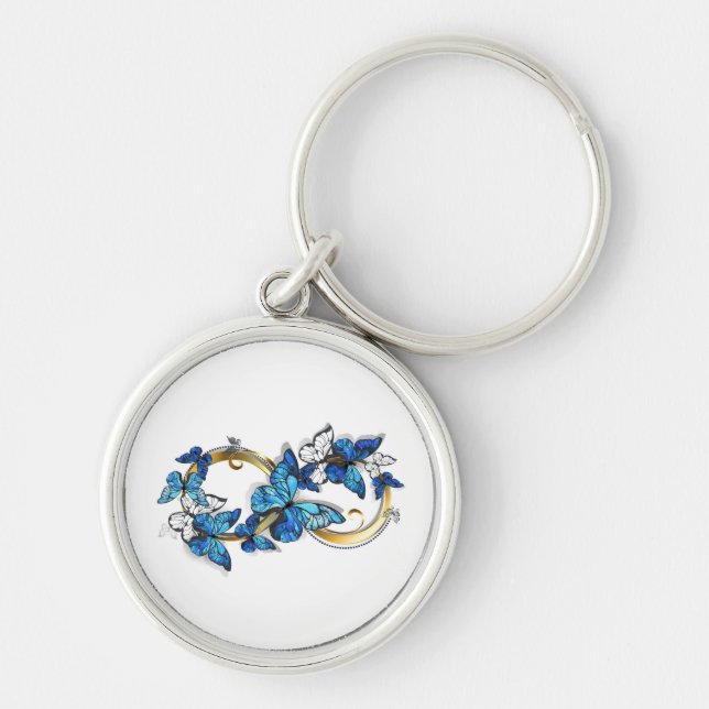 Symbol oändlighet av blå Morpho fjärilar Rund Silverfärgad Nyckelring (Framsidan)
