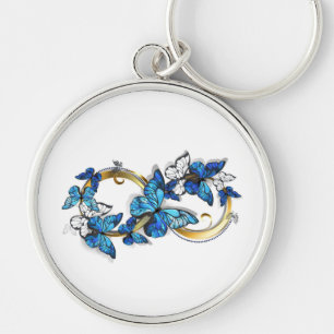 Symbol oändlighet av blå Morpho fjärilar Rund Silverfärgad Nyckelring