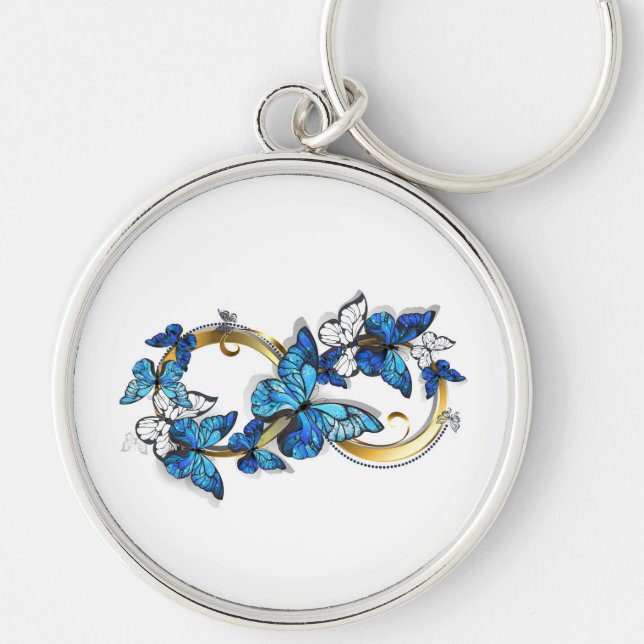 Symbol oändlighet av blå Morpho fjärilar Rund Silverfärgad Nyckelring (Framsidan)