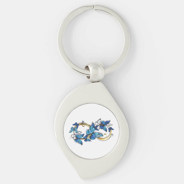 Symbol oändlighet av blå Morpho fjärilar Swirl Silverfärgad Nyckelring (Framsidan)