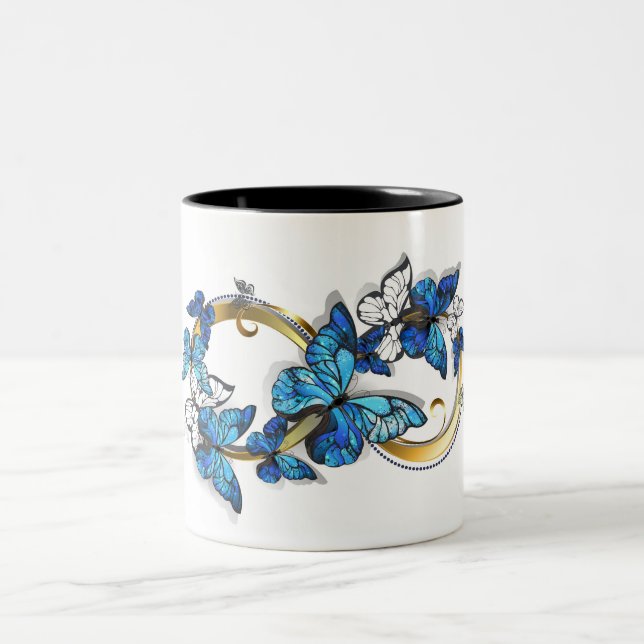 Symbol oändlighet av blå Morpho fjärilar Två-Tonad Mugg (Center)