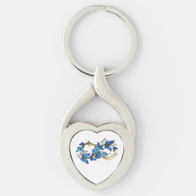 Symbol oändlighet av blå Morpho fjärilar Twisted Heart Silverfärgad Nyckelring (Framsidan)