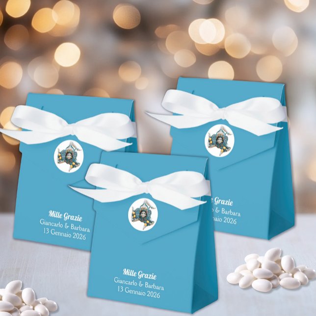 Symbol of Sicily Trinacria Medusa Sicilian Blue Presentaskar (Trinacria Symbol of Sicily on Blue Tent Favor Box - Italian Wedding with Custom Wording)