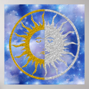 Symbol sol & MÅNE - guld silver Himlar Poster