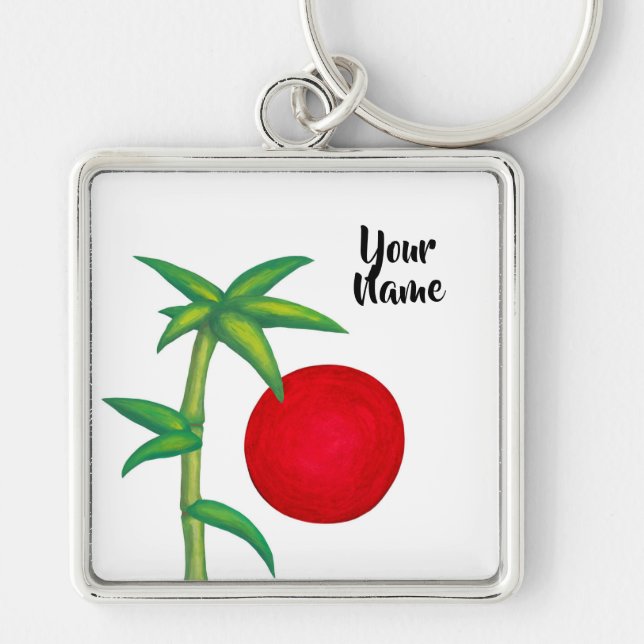 Symbolen Asia Bamboo och Sol Fyrkantig Silverfärgad Nyckelring (Framsidan)