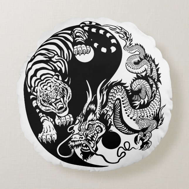 symbolen dragon och tiger yin yang rund kudde (Framsidan)