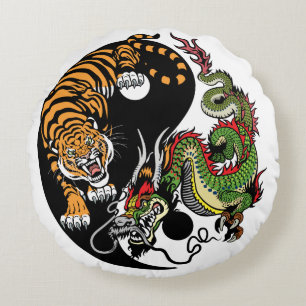 symbolen dragon och tiger yin yang rund kudde