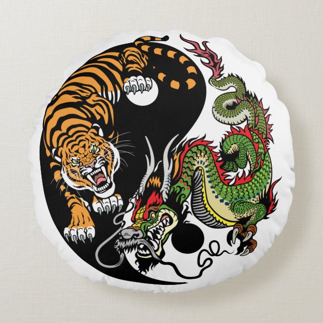 symbolen dragon och tiger yin yang rund kudde (Framsidan)