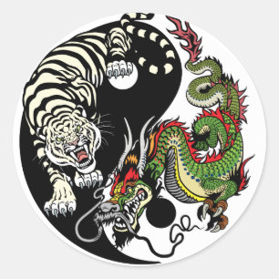 symbolen dragon och tiger yin yang runt klistermärke