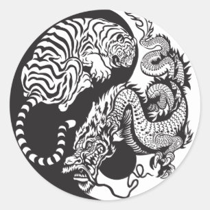 symbolen dragon och tiger yin yang runt klistermärke