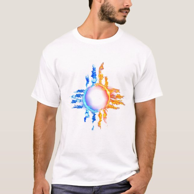 Symbolen new mexico Zia i röd och blå flamma T Shirt (Framsida)
