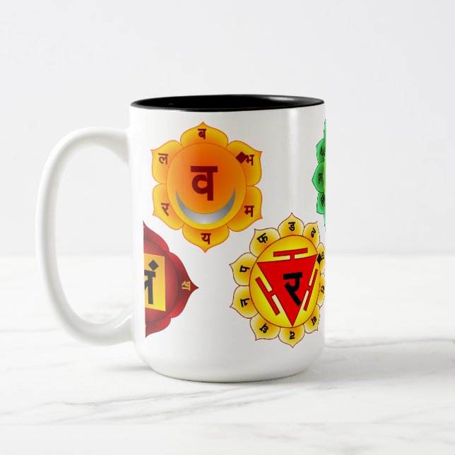 SYMBOLER 15OZ för YOGA REIKI SJU CHAKRAS TVÅ-tonar Två-Tonad Mugg (Vänster)