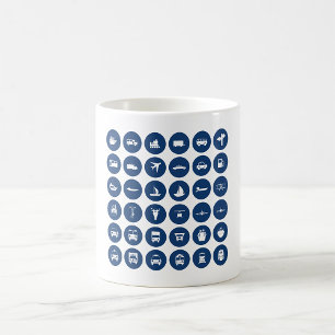 Symboler för transport i blått kaffemugg