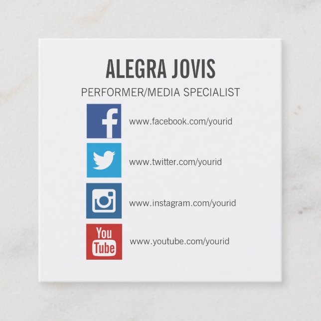 SYMBOLER SQUARE-AFFÄRSKORTET SOCIAL MEDIA ICONS FYRKANTIGT VISITKORT (Framsida)