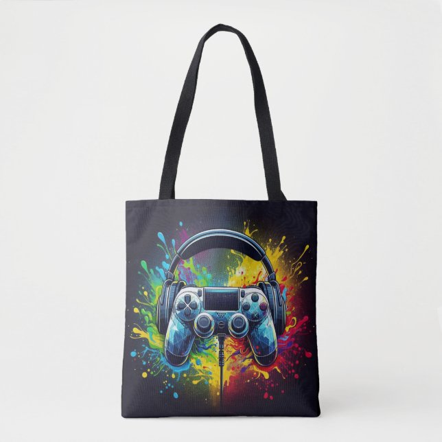 Symfoni Pixels & Ljud: Vibrant Gaming Art Tygkasse (Framsida)