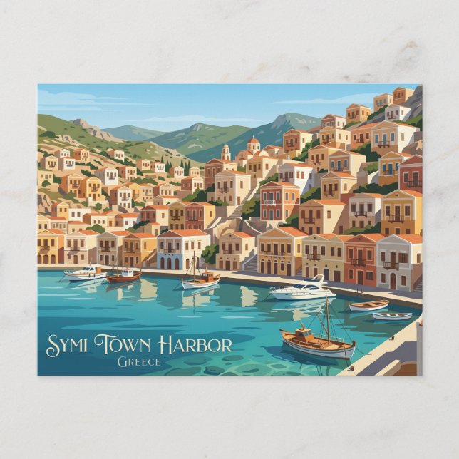 Symi Town hamn Grekland Vykort (Framsida)