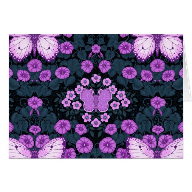 Symmetri, violett och blå blommor hälsningskort (Framsidan Horizontal)