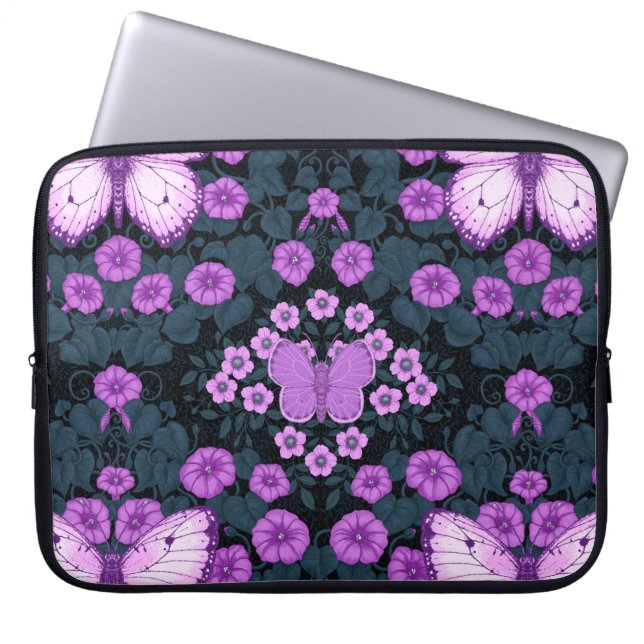 Symmetri, violett och blå blommor laptop fodral (Framsidan)
