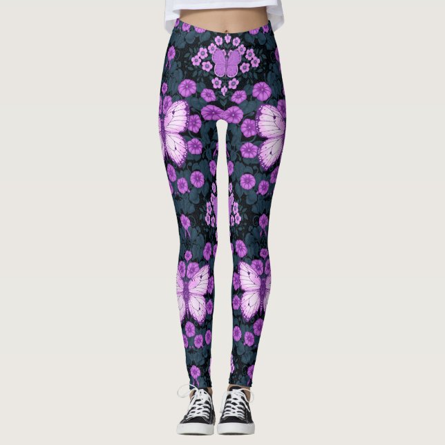 Symmetri, violett och blå blommor leggings (Framsida)
