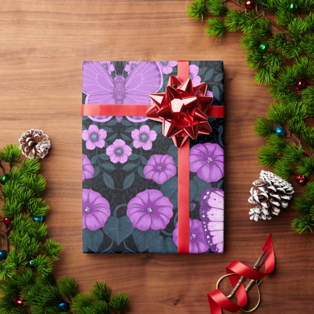 Symmetri, violett och blå blommor presentpapper (Julgåva)