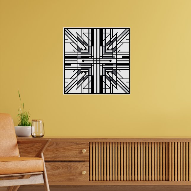 Symmetric Grid Geometry - Black & White Abstrakt L Poster (Vardagsrum 2)