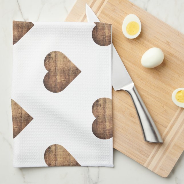 Symmetric Large Rustic Brown Wooden Hearts Kökshandduk (Vikt i Fjärdedel)