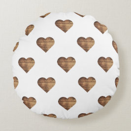 Symmetric Large Rustic Brown Wooden Hearts Rund Kudde