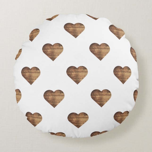 Symmetric Large Rustic Brown Wooden Hearts Rund Kudde (Framsidan)