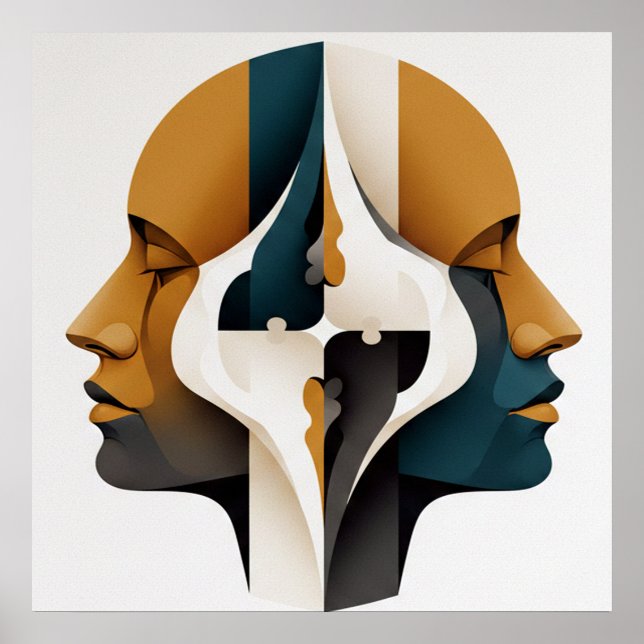 Symmetrical Abstract Portrait in Ochre and Slate Poster (Framsidan)