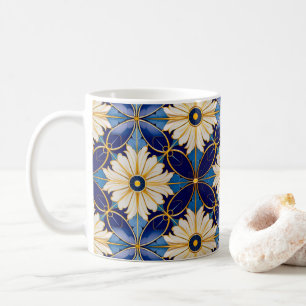 Symmetrisk Art Deco Blue Guld Blommigt Tile Motif Kaffemugg