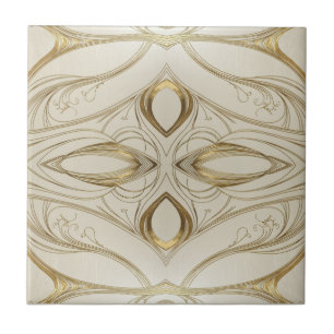 Symmetrisk Art nouveau mönster i guld och beige Kakelplatta
