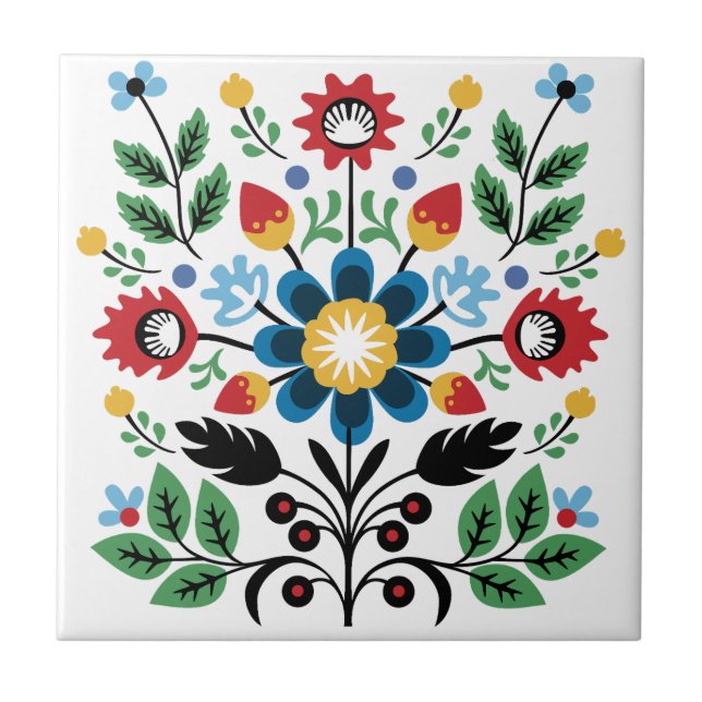 Symmetrisk folkkonstblomsterbukett kakelplatta (Framsidan)