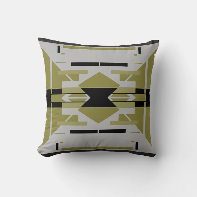 Symmetrisk Grått-Abstrakt för Bright Olive Black   Kudde (Framsida)