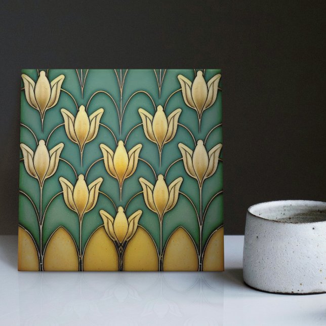Symmetrisk Gult Tulips Wall Decor Art Deco Kakelplatta (Skapare uppladdad)