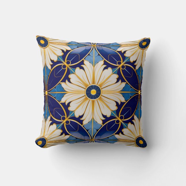 Symmetrisk konst Deco Blue Guld Blommönster Kudde (Framsida)
