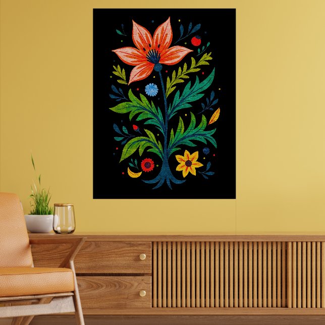 Symmetrisk Mörk Botanisk Livfull Folklig Konst Blo Poster (Vardagsrum 2)