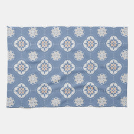 Symmetrisk Orange Flower Tiled Mönster på Blue Kökshandduk